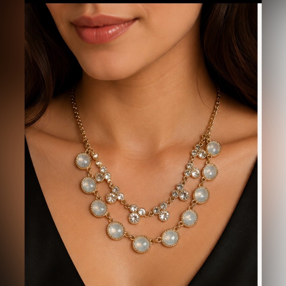 Layered Gold-Tone Statement Necklace Crystal & Opalescent Turquoise Stone Chain